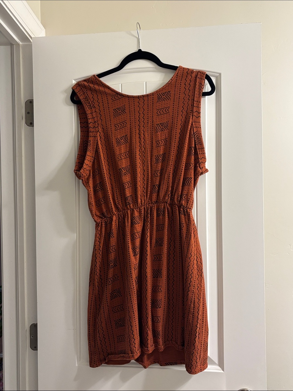 Sleeveless Rust Mini Dress with Geometric Print